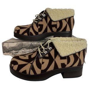 NWT Gucci Women's Gucci Brown GG Wool Fur Ankle Boots Booties Beige & Brown